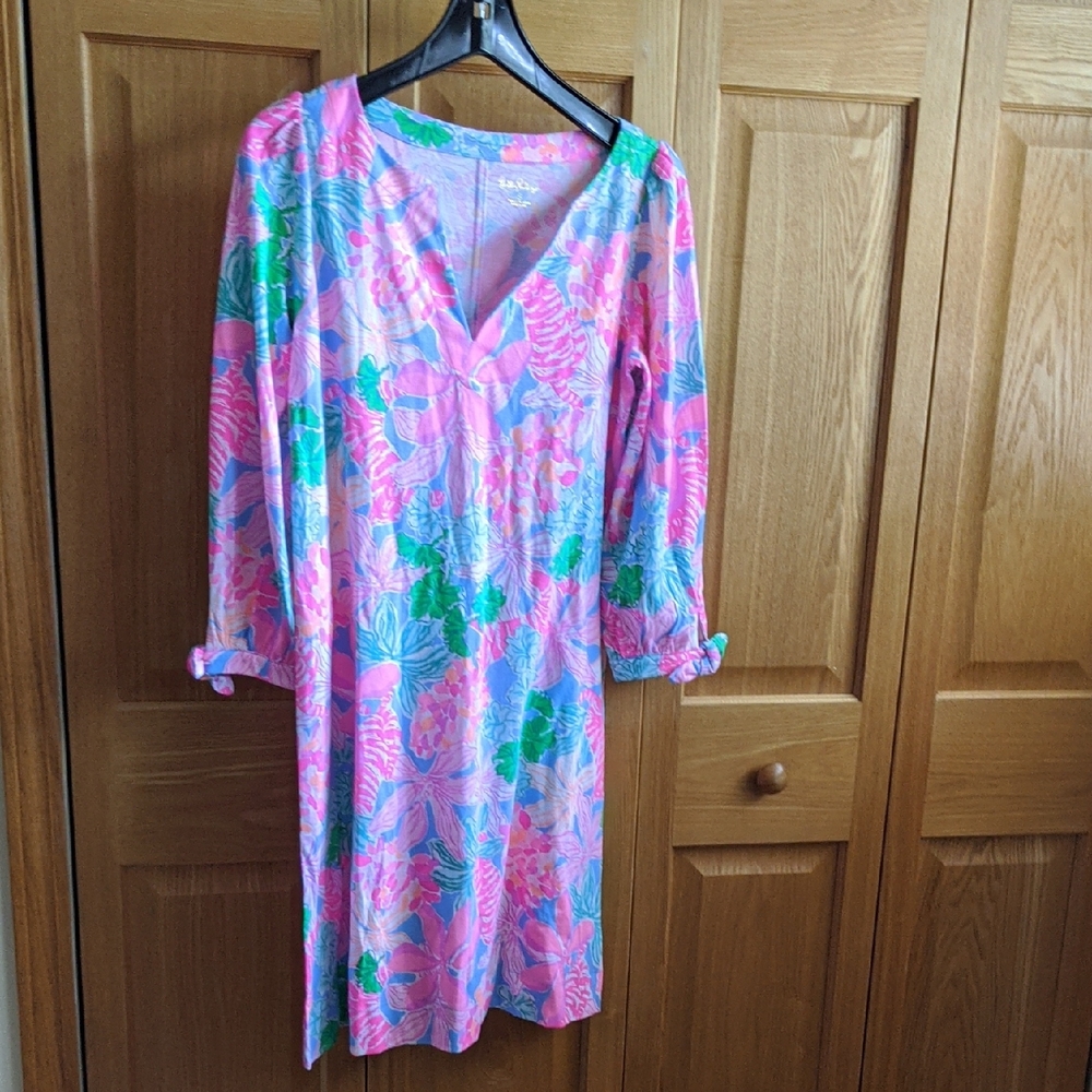 NWT Lilly Pulitzer Pink and Blue V-Neck Cath 3/4 Sleeve dress Size S